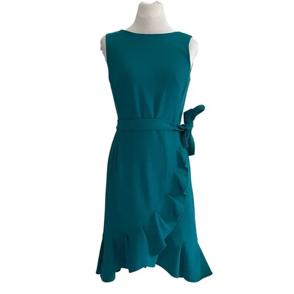 Calvin Klein ruffle sheath dress tie waist flounce hem size 4 teal - Picture 5 of 13
